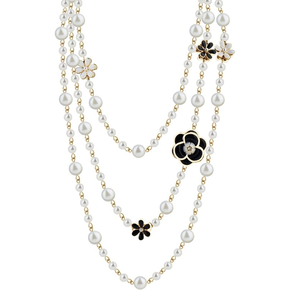 Vintage Inspired Imitation Pearl Long Strand Black and White Camellia Flower Cos